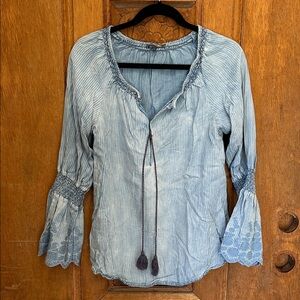 Michael Stars stripe top embroider floral small blue bell sleeve smocked